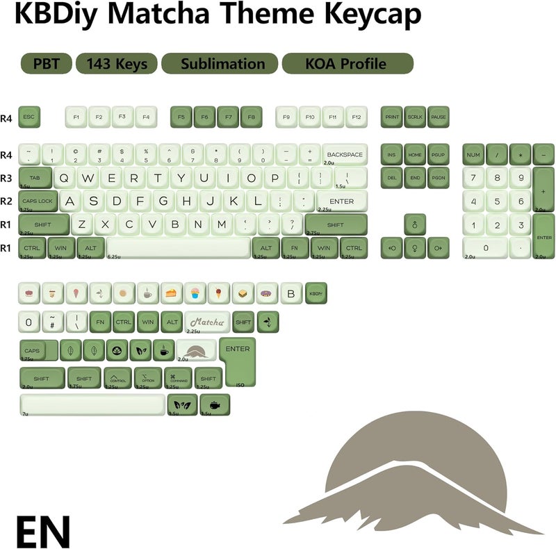 YMKPVR KBDiy Matcha KOA Profile Keycaps 60 75 100 Percent,Dye-Sublimation PBT Green Cute Custom Keyboard Keycap,143 Key Cap Set for Cherry Gateron MX Switches Mechanical Keyboards - Image 2
